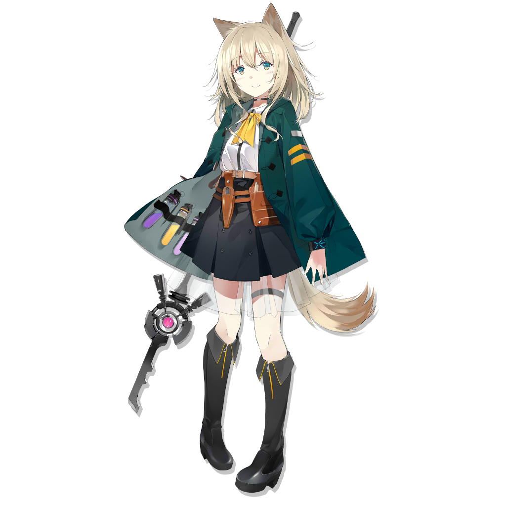 1girl animal_ears arknights bangs belt black_footwear black_skirt boots dog_ears dog_tail eyebrows_visible_through_hair full_body green_jacket grey_eyes hair_between_eyes jacket knee_boots long_sleeves looking_at_viewer medium_hair miniskirt neck_ribbon official_art open_clothes open_jacket pigeon-toed pleated_skirt podenco_(arknights) ribbon see-through shirt silver_hair skirt smile solo staff standing sutorora tachi-e tail test_tube thigh_strap transparent_background utility_belt vial white_shirt yellow_neckwear yellow_ribbon