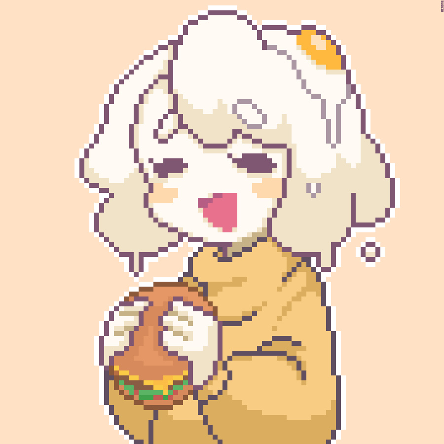 1girl borrowed_character closed_eyes dripping egg egg_(lemyawn) eyebrows_visible_through_hair food hamburger hcnone holding holding_food long_sleeves medium_hair monster_girl open_mouth orange_background orange_sweater original outline pixel_art simple_background slime_girl smile solo sunny_side_up_egg sweater upper_body white_hair white_outline