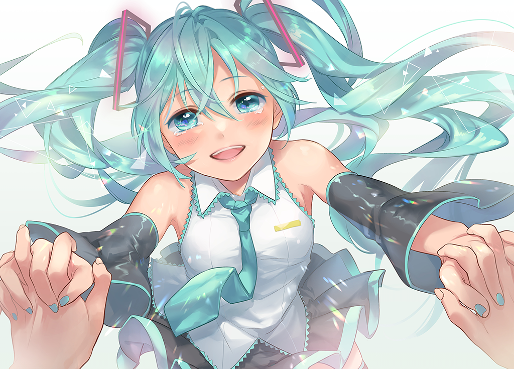 1girl :d bangs black_sleeves blue_eyes blue_hair blue_nails blue_neckwear blush collared_shirt detached_sleeves eyebrows_visible_through_hair floating_hair hair_between_eyes hair_ornament hatsune_miku holding_hands interlocked_fingers long_hair long_sleeves looking_at_viewer nail_polish necktie open_mouth pov sakikko shiny shiny_hair shirt sleeveless sleeveless_shirt smile tears twintails very_long_hair vocaloid white_shirt wing_collar