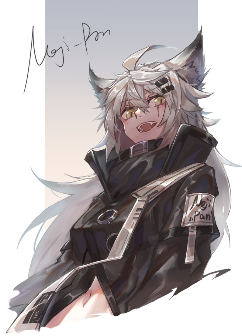 1girl ahoge animal_ears arknights black_coat breasts coat commentary eyebrows_visible_through_hair fangs grey_background hair_between_eyes hair_ornament hairclip lappland_(arknights) long_hair looking_at_viewer medium_breasts midriff navel nejikyuu open_mouth scar scar_across_eye signature silver_hair simple_background smile solo two-tone_background upper_body white_background wolf_ears yellow_eyes