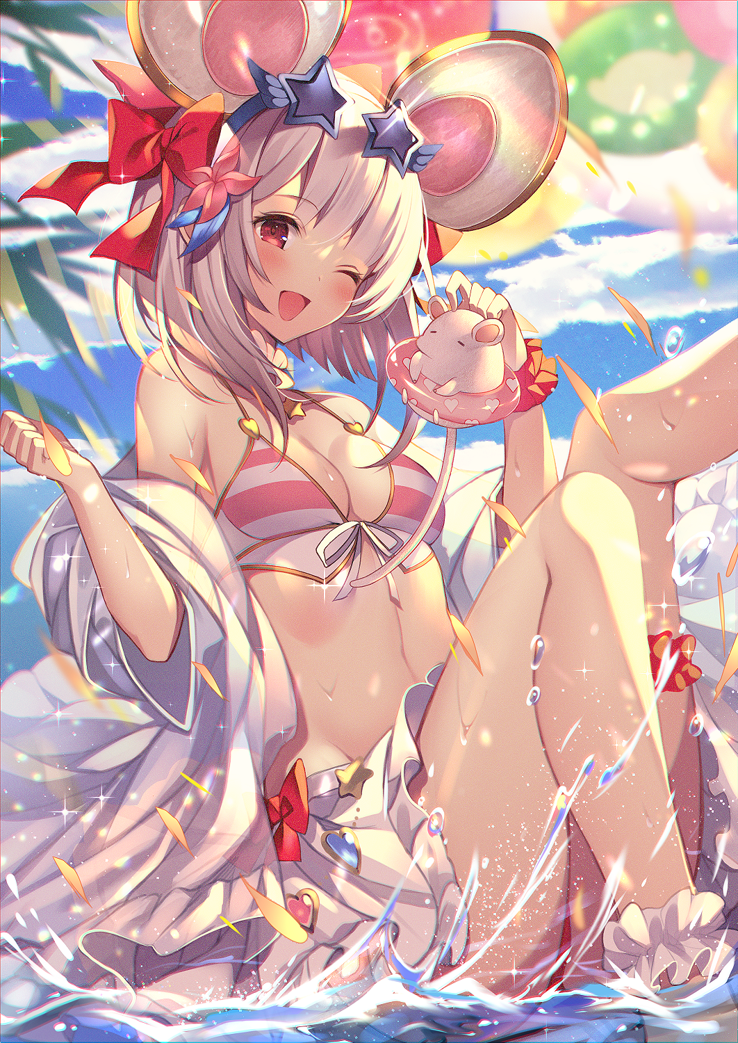 1girl animal_ears bangs bare_shoulders beach bikini blush breasts collarbone fake_animal_ears granblue_fantasy highres homaderi looking_at_viewer mouse mouse_ears navel off_shoulder one_eye_closed open_clothes open_mouth red_eyes short_hair sitting small_breasts smile swimsuit thighs vikala_(granblue_fantasy) wet white_hair
