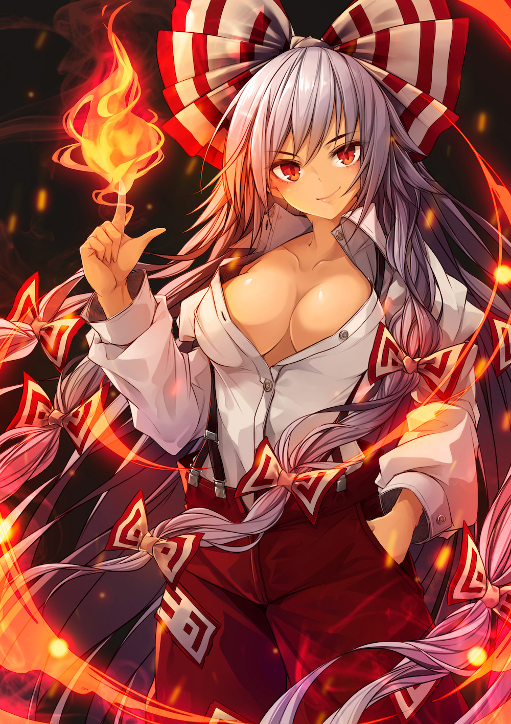 .sin 1girl black_background bow breasts closed_mouth collared_shirt cowboy_shot fire fujiwara_no_mokou hair_bow hand_in_pocket highres long_hair long_sleeves looking_at_viewer medium_breasts no_bra ofuda pants red_eyes red_pants shirt silver_hair smile solo standing suspenders touhou unbuttoned unbuttoned_shirt very_long_hair white_bow white_shirt wing_collar