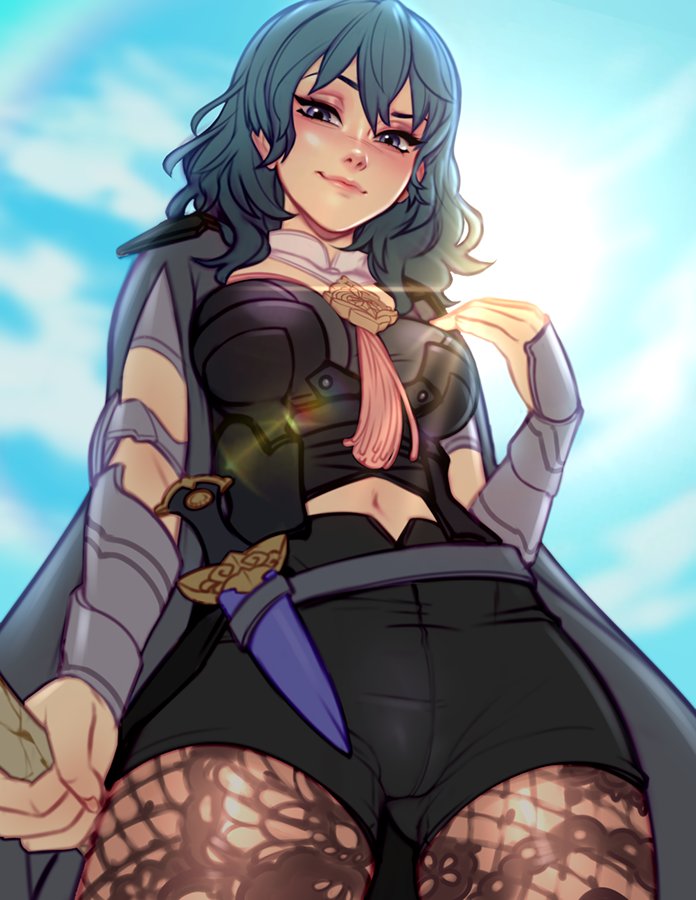 1girl arm_guards belt blue_eyes blue_hair blushy-pixy byleth_(fire_emblem) byleth_eisner_(female) cowboy_shot dagger day fire_emblem fire_emblem:_three_houses from_below lens_flare lips long_hair looking_at_viewer looking_down navel pantyhose solo weapon