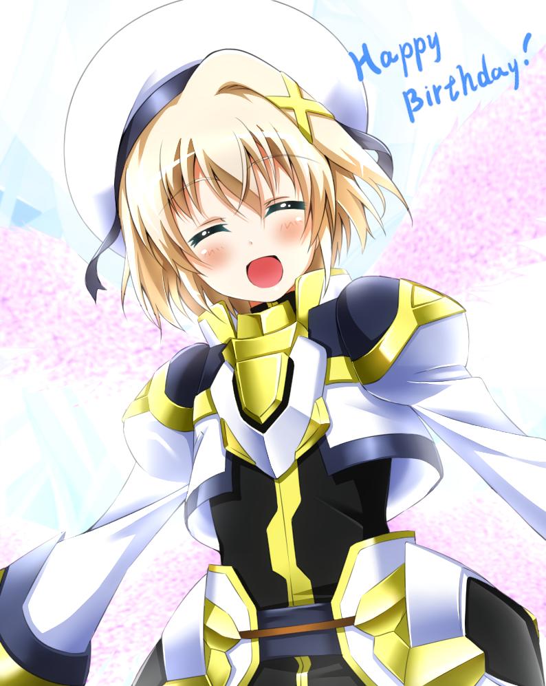 1girl :d armor armored_skirt bangs beret black_dress blonde_hair closed_eyes commentary cropped_jacket dress english_text eyebrows_visible_through_hair facing_viewer hair_ornament happy_birthday hat jacket juliet_sleeves long_sleeves lyrical_nanoha mahou_shoujo_lyrical_nanoha_detonation open_mouth overskirt puffy_sleeves short_hair smile solo upper_body white_headwear white_jacket x_hair_ornament yagami_hayate yorousa_(yoroiusagi)