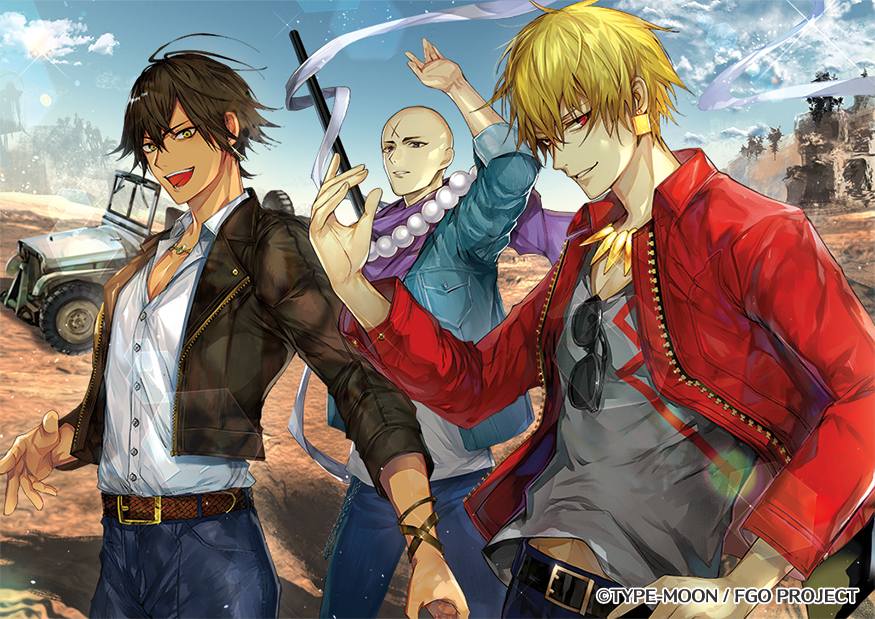 3boys :d bald belt belt_buckle black_hair black_jacket blonde_hair bracelet buckle car character_request collared_shirt denim desert earrings eyewear_removed fate/grand_order fate_(series) forehead_scar gilgamesh grey_shirt ground_vehicle hair_between_eyes hand_on_hip heroic_spirit_traveling_outfit houzouin_inshun_(fate/grand_order) jacket jeep jewelry looking_at_viewer male_focus messy_hair motor_vehicle multiple_boys official_art open_mouth pants partially_unbuttoned red_eyes red_jacket scar shirt short_hair sky smile standing sunglasses tcb white_shirt yellow_eyes zipper