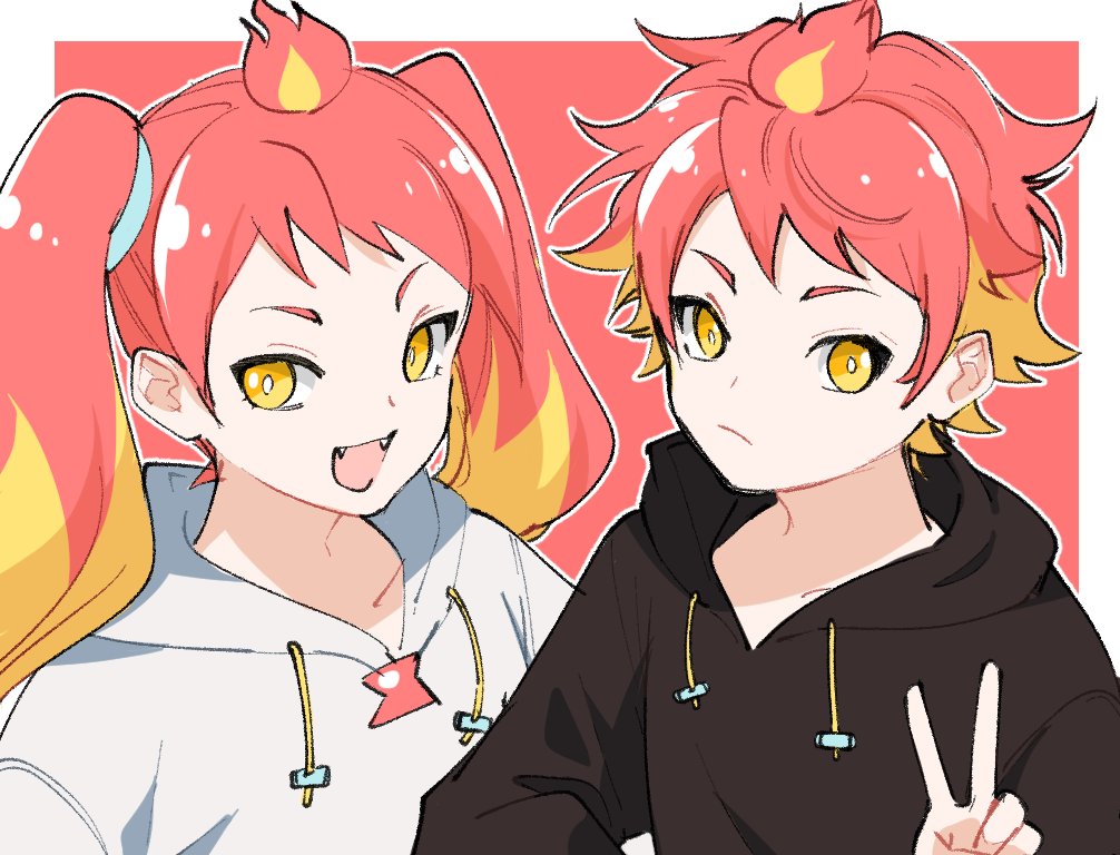 1boy 1girl :d black_hoodie blonde_hair brother_and_sister closed_mouth commentary_request drawstring fangs hikasa_shikatarou hikasa_tomoshika hood hood_down hoodie kiko_(kikobooom) multicolored_hair open_mouth red_background redhead siblings smile two-tone_background two-tone_hair upper_body v v-shaped_eyebrows virtual_youtuber voms white_background white_hoodie yellow_eyes