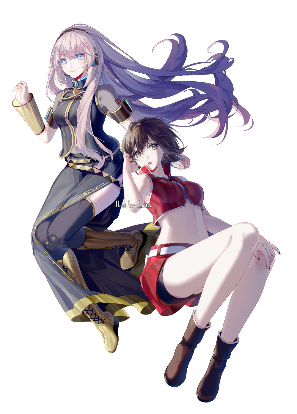 2girls armband artist_name belt black_jacket black_legwear black_skirt blue_eyes blue_nails boots brown_eyes brown_footwear brown_hair commentary crop_top detached_sleeves full_body gold_footwear gold_trim hand_in_hair hand_up headphones headset highres jacket knee_boots leg_up long_hair long_skirt looking_at_viewer megurine_luka meiko midriff miniskirt multiple_girls nail_polish navel open_mouth pink_hair red_jacket red_nails red_skirt short_hair short_sleeves shoulder_tattoo side_slit single_detached_sleeve sitting skirt smile tattoo thigh-highs very_long_hair vocaloid white_background yamiluna39 zettai_ryouiki