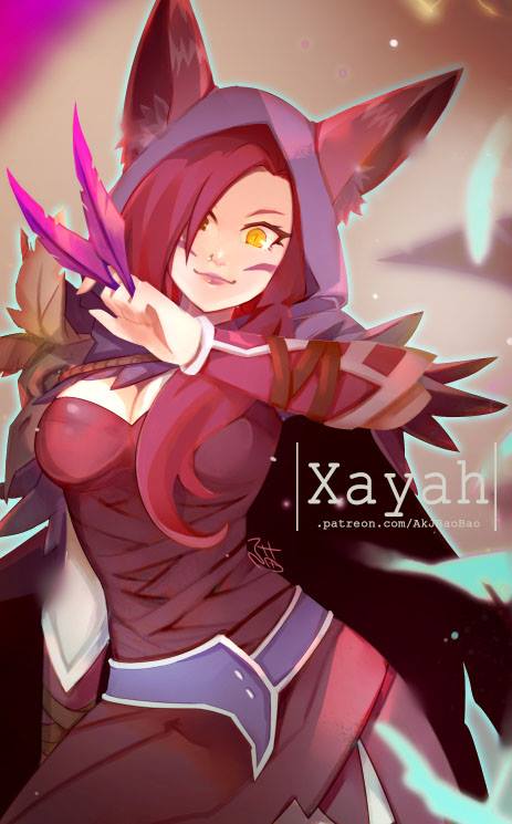 1girl aa2233a animal_ears facial_mark feathers hair_over_one_eye hood league_of_legends long_hair looking_at_viewer nose_piercing piercing redhead solo vastaya whisker_markings xayah yellow_eyes