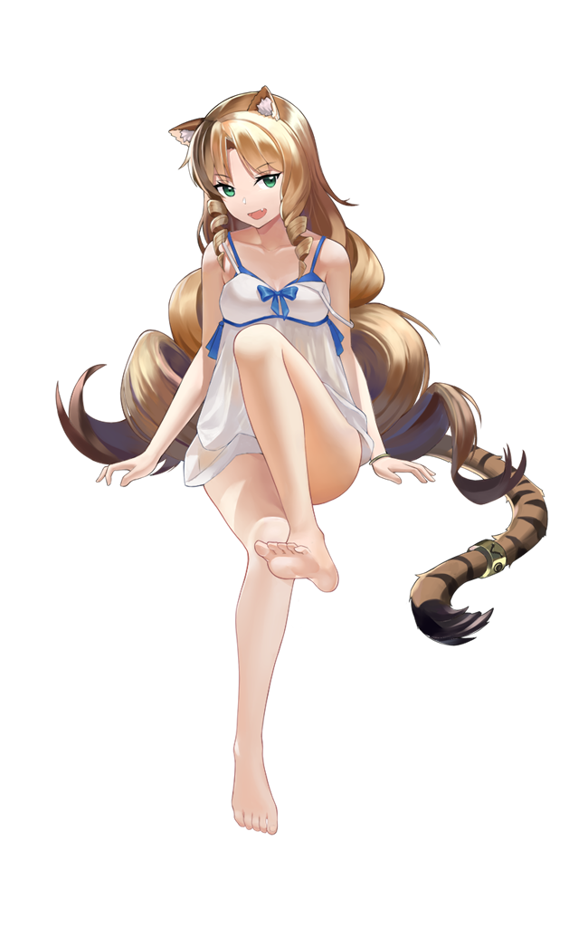 1girl :d alternate_costume animal_ears arknights arm_support bangs bare_arms bare_legs bare_shoulders barefoot brown_hair chemise convenient_leg drill_hair drill_locks eyebrows_visible_through_hair fang green_eyes heijiaobingjiling jewelry long_hair looking_at_viewer no_hat no_headwear open_mouth ring sitting smile solo spaghetti_strap swire_(arknights) tail tail_ring thighs tiger_ears tiger_tail transparent_background very_long_hair