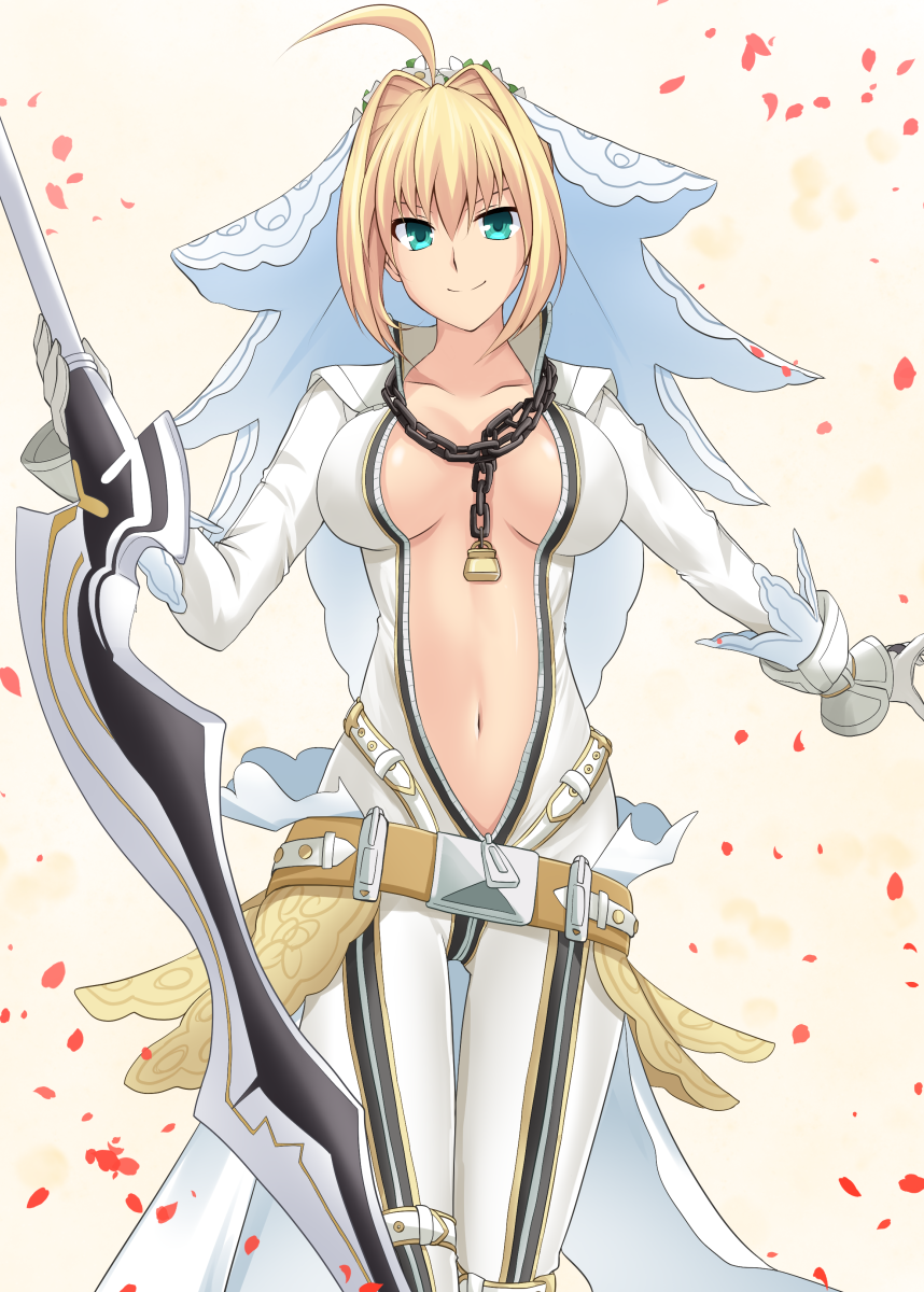 1girl bangs belt blonde_hair bodysuit breasts chain cross_(crossryou) fate/grand_order fate_(series) full-length_zipper gloves green_eyes highres large_breasts lock looking_at_viewer loose_belt navel nero_claudius_(bride)_(fate) nero_claudius_(fate)_(all) padlock showgirl_skirt smile solo sword veil weapon white_bodysuit zipper zipper_pull_tab