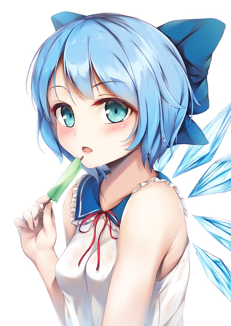 1girl :o alternate_costume aqua_eyes bangs bare_arms bare_shoulders blue_bow blue_hair blush bow breasts cirno collarbone detached_wings eyebrows_visible_through_hair food frilled_shirt_collar frills hair_bow hinoka_(allen) holding holding_food ice ice_wings neck_ribbon open_mouth popsicle red_neckwear red_ribbon ribbon shirt short_sleeves sleeveless sleeveless_shirt small_breasts solo touhou upper_body wings