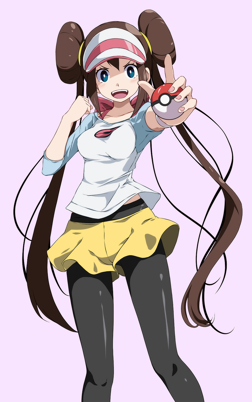 1girl :d bangs black_legwear blue_eyes blue_sleeves blush bow breasts brown_hair clenched_hand collarbone commentary cowboy_shot double_bun hair_between_eyes hand_up hat highres holding holding_poke_ball large_breasts legwear_under_shorts long_hair looking_at_viewer mei_(pokemon) midriff_peek open_mouth pantyhose pink_background pink_bow poke_ball poke_ball_(basic) poke_ball_print pokemon pokemon_(game) pokemon_bw2 raglan_sleeves shirt short_shorts shorts sidelocks simple_background smile solo standing tsukishiro_saika twintails upper_teeth very_long_hair visor_cap watch watch white_shirt yellow_shorts