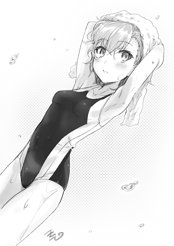 1girl armpits arms_up bangs blush breasts closed_mouth collarbone competition_swimsuit cowboy_shot dutch_angle eyebrows_visible_through_hair greyscale hair_between_eyes misaka_mikoto monochrome one-piece_swimsuit puma_(hyuma1219) shiny shiny_hair short_hair small_breasts solo standing swimsuit to_aru_majutsu_no_index towel towel_on_head white_background