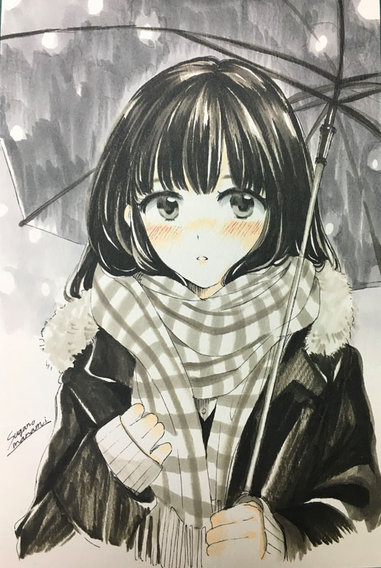 1girl artist_name bangs black_coat black_hair blush coat commentary cropped_torso grey_background himawari-san himawari-san_(character) holding holding_umbrella long_hair looking_at_viewer marker_(medium) parted_lips plaid plaid_scarf scarf snowing solo sugano_manami traditional_media umbrella upper_body winter_clothes winter_coat younger