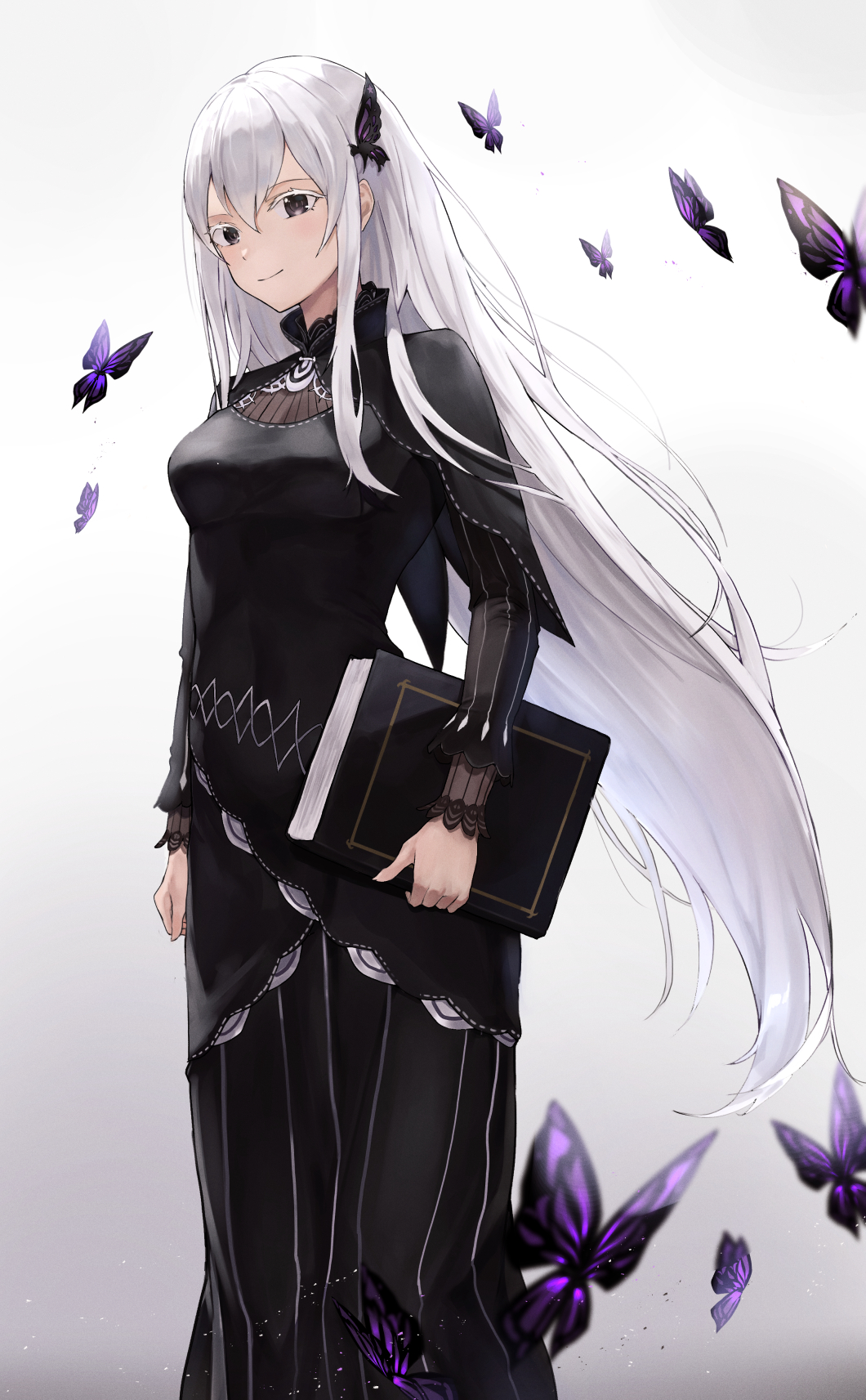 1girl barrette black_dress book book_hug breasts bug butterfly butterfly_hair_ornament dress echidna_(re:zero) eyebrows_visible_through_hair hair_ornament highres holding holding_book insect long_hair looking_at_viewer re:zero_kara_hajimeru_isekai_seikatsu ritta_(abmnoworld) silver_hair smile solo violet_eyes white_background white_hair