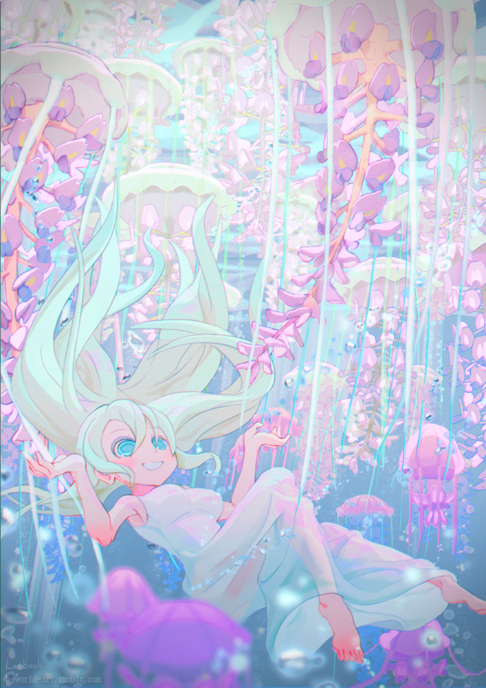 1girl bangs barefoot blue_eyes dress fantasy floating flower grin hair_between_eyes jellyfish lanbook long_hair original see-through smile underwater very_long_hair white_dress white_hair wisteria