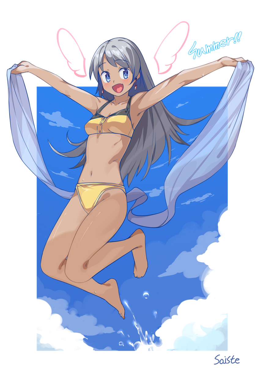 1girl :d armpits artist_name bare_legs barefoot bikini blue_eyes breasts collarbone dark_skin earrings eyebrows_visible_through_hair full_body grey_hair highres jewelry jumping long_hair looking_at_viewer navel open_mouth original outstretched_arms saiste shawl small_breasts smile solo spread_arms stomach swimsuit yellow_bikini