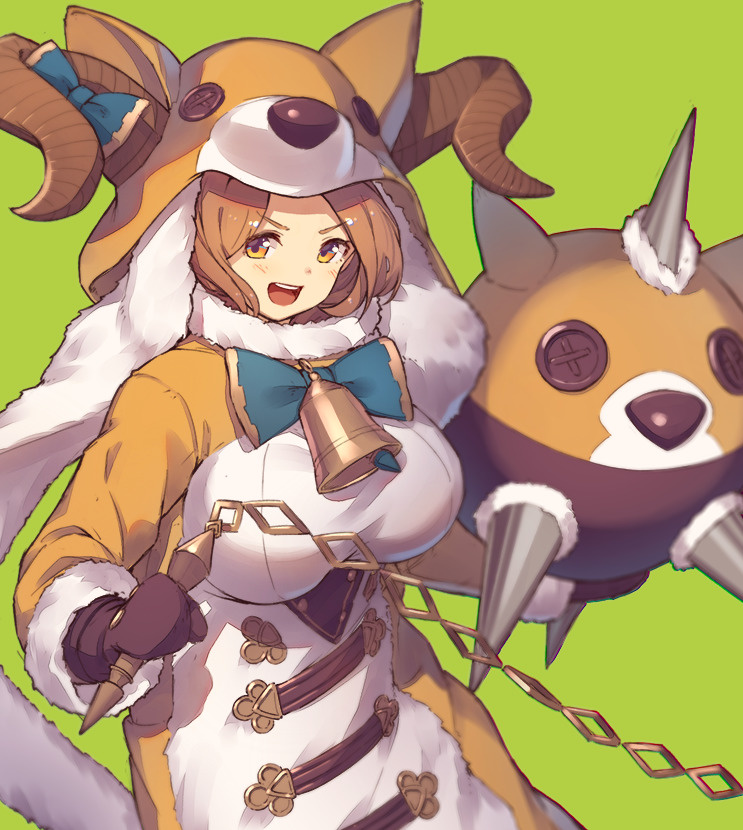 1girl :d ball_and_chain bell blue_neckwear bow bowtie breasts brown_eyes brown_gloves brown_hair character_request copyright_request cow_bell curled_horns gloves green_background holding holding_weapon hood hood_up horn_bow horns kotoribako large_breasts long_sleeves looking_at_viewer neck_bell open_mouth simple_background smile solo weapon