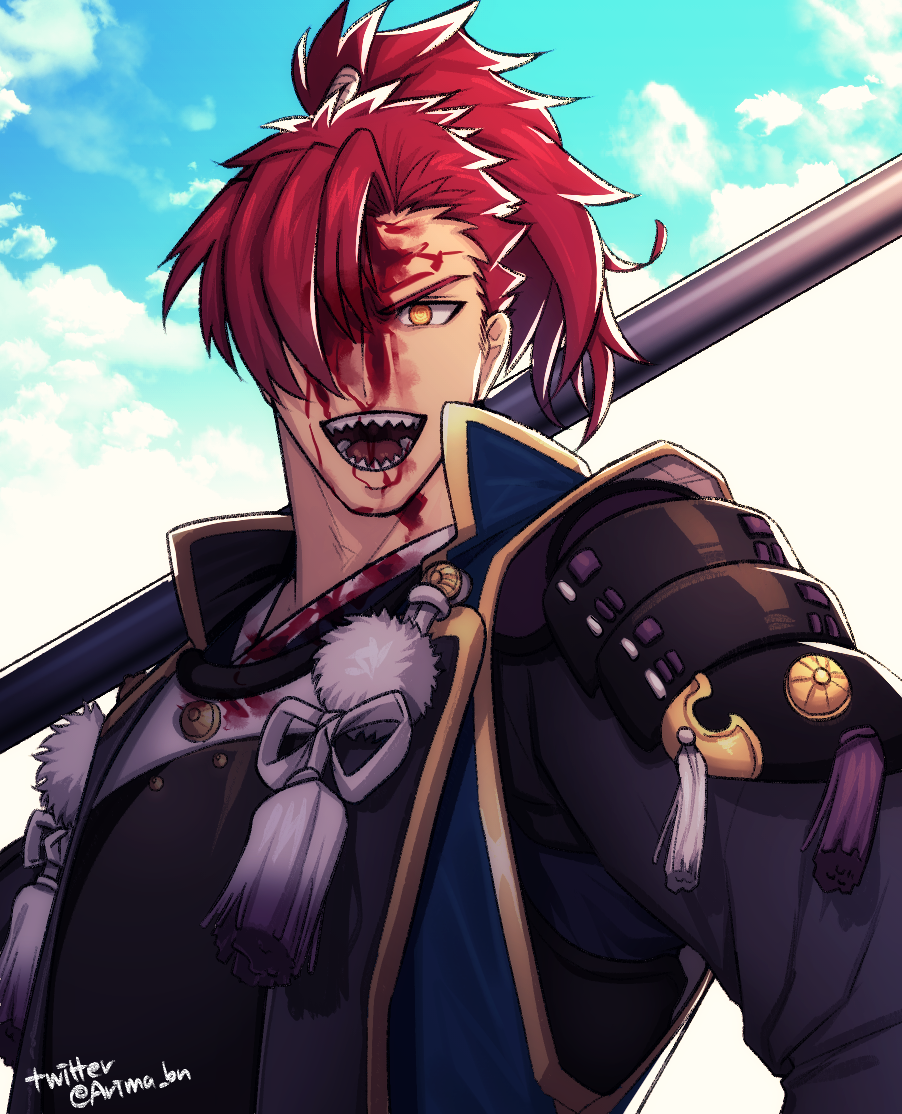 1boy arima_(arima_bn) bangs blood blood_on_face fate/grand_order fate_(series) hair_over_one_eye japanese_clothes koha-ace looking_at_viewer male_focus mori_nagayoshi_(fate) open_mouth polearm ponytail redhead sharp_teeth sky teeth upper_body weapon yellow_eyes