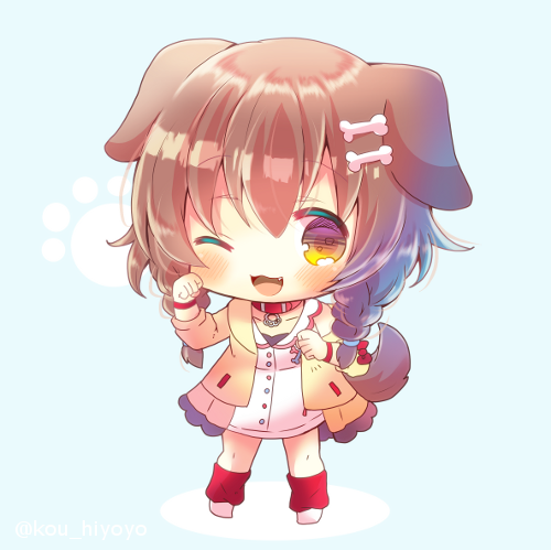 1girl animal_ears blue_background bone_hair_ornament braid brown_eyes brown_hair cartoon_bone chibi collared_dress commentary_request dog_ears dog_girl dog_tail dress full_body hair_over_shoulder hololive inugami_korone jacket kneehighs kouu_hiyoyo long_hair loose_socks lowres open_clothes open_jacket red_legwear simple_background solo standing tail twin_braids twintails virtual_youtuber white_dress white_footwear yellow_jacket