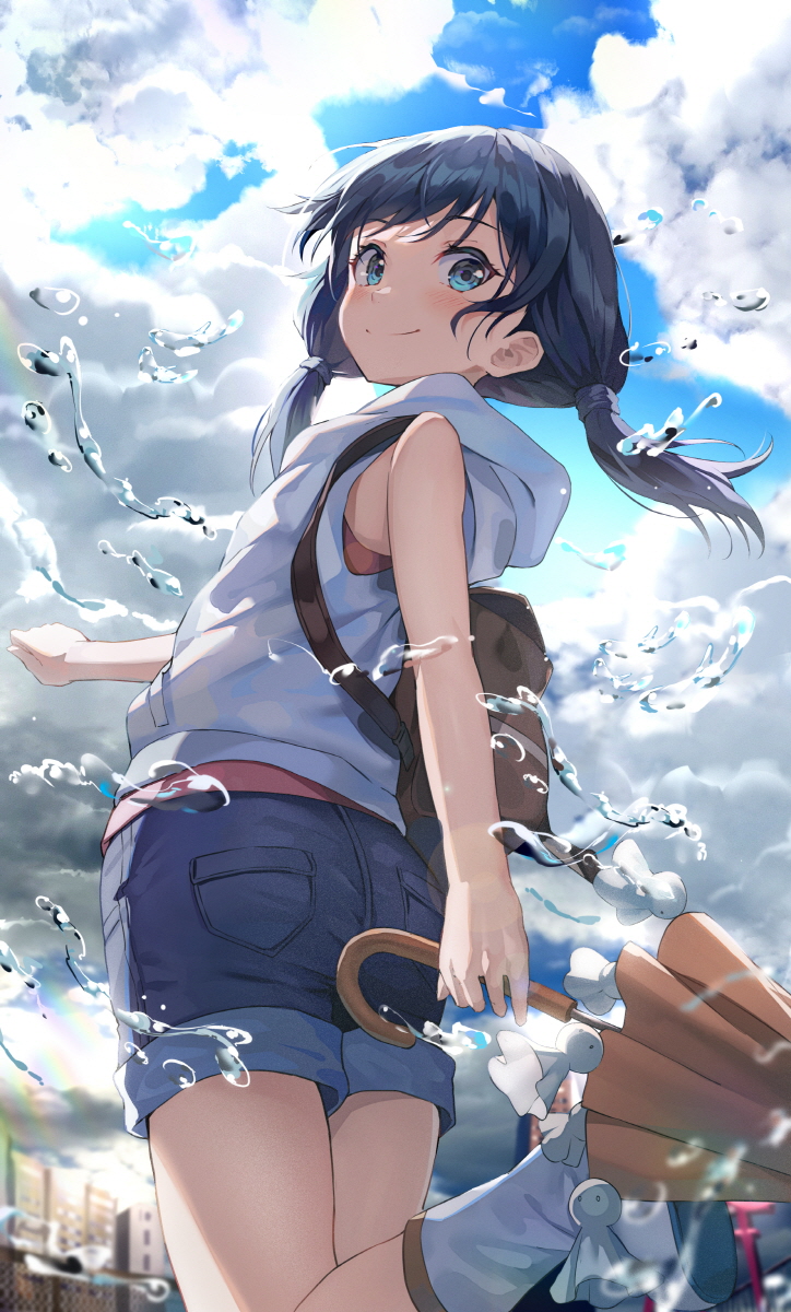 1girl after_rain amano_hina_(tenki_no_ko) ass backpack bag black_hair black_shorts blue_eyes blush boots closed_mouth closed_umbrella clouds cloudy_sky day from_behind highres holding holding_umbrella hood hood_down hooded_vest hoodie huwali_(dnwls3010) leg_up long_hair looking_at_viewer looking_back low_twintails outdoors rubber_boots short_shorts shorts sky sleeveless smile solo standing standing_on_one_leg tenki_no_ko twintails umbrella vest water white_footwear white_vest
