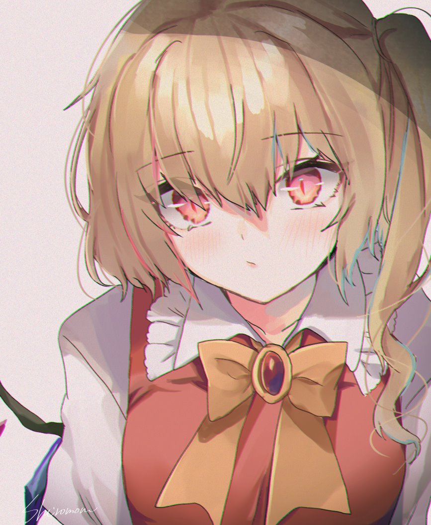 1girl :/ alternate_breast_size bangs blonde_hair blush bow bowtie brooch closed_mouth collarbone commentary_request eyebrows_visible_through_hair eyes_visible_through_hair flandre_scarlet frilled_shirt_collar frills jewelry looking_at_viewer no_headwear one_side_up puffy_sleeves red_eyes red_vest shiromoru_(yozakura_rety) shirt sidelocks slit_pupils solo touhou upper_body vest white_shirt yellow_bow yellow_neckwear