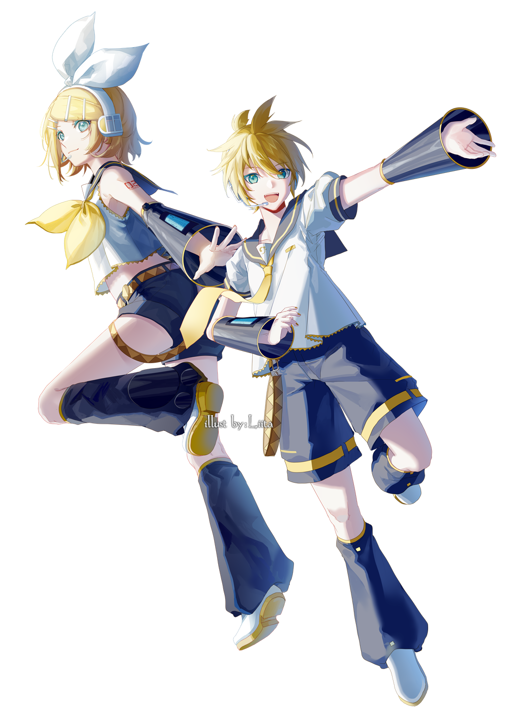 1boy 1girl arm_warmers artist_name bangs bare_shoulders bass_clef belt black_collar black_shorts black_sleeves blonde_hair blue_eyes bow collar commentary crop_top detached_sleeves full_body hair_bow hair_ornament hairclip headphones headset highres kagamine_len kagamine_rin leg_up leg_warmers looking_at_viewer nail_polish neckerchief necktie open_mouth outstretched_arm outstretched_hand sailor_collar school_uniform shirt short_hair short_ponytail short_shorts short_sleeves shorts shoulder_tattoo sleeveless sleeveless_shirt smile spiky_hair swept_bangs tattoo vocaloid white_background white_bow white_shirt yamiluna39 yellow_nails yellow_neckwear