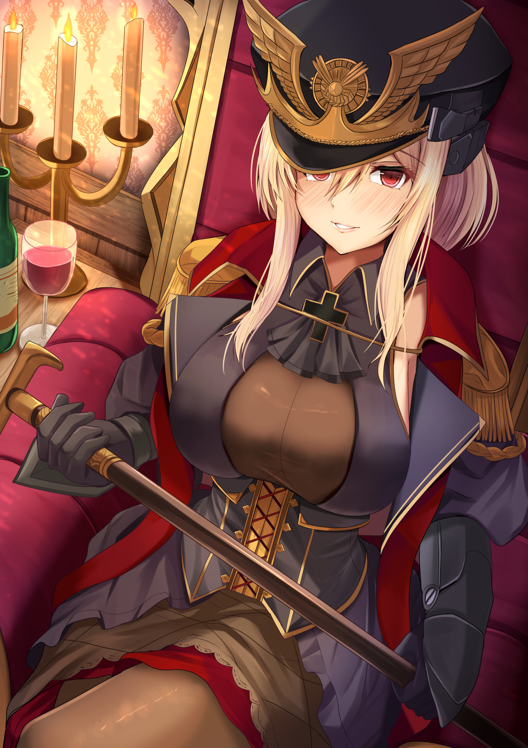 1girl alcohol armchair black_gloves black_legwear blonde_hair blue_oath blush bottle breasts candle cane chair cross cup dress drinking_glass gauntlets gloves hat highres kanzaki_kureha knees_up large_breasts looking_at_viewer medium_hair military military_hat military_uniform pantyhose prinz_eugen_(blue_oath) red_eyes sitting smile solo thigh-highs uniform wine wine_bottle wine_glass