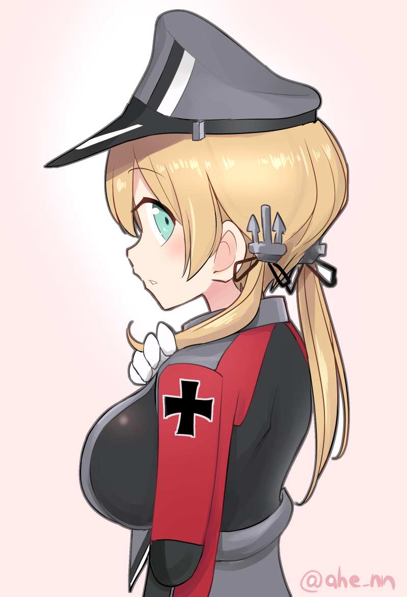 1girl ahenn aqua_eyes blonde_hair breasts eyebrows_visible_through_hair gloves hair_between_eyes hat kantai_collection large_breasts long_hair long_sleeves looking_at_viewer looking_back low_twintails military military_hat military_uniform peaked_cap prinz_eugen_(kantai_collection) solo twintails twitter_username uniform upper_body white_gloves