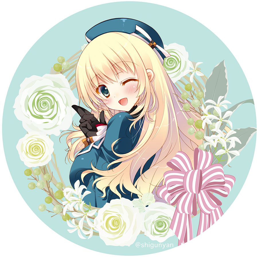 1girl atago_(kantai_collection) bangs beret black_gloves blonde_hair blue_eyes blue_headwear blush breasts eyebrows_visible_through_hair flower gloves hat kantai_collection long_hair military military_uniform one_eye_closed open_mouth ribbon shigunyan simple_background solo twitter_username two-tone_background uniform upper_body