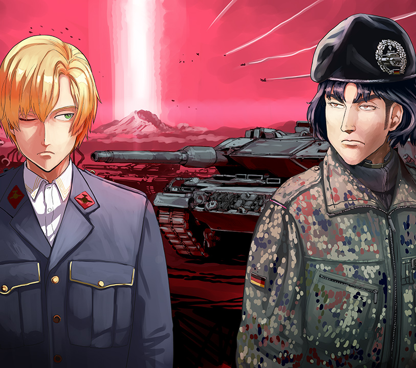 2boys black_hair blonde_hair blue_eyes commentary_request ground_vehicle male_focus military military_uniform military_vehicle motor_vehicle multiple_boys nogami_takeshi official_art tank uniform upper_body warlords_of_sigrdrifa weapon_request
