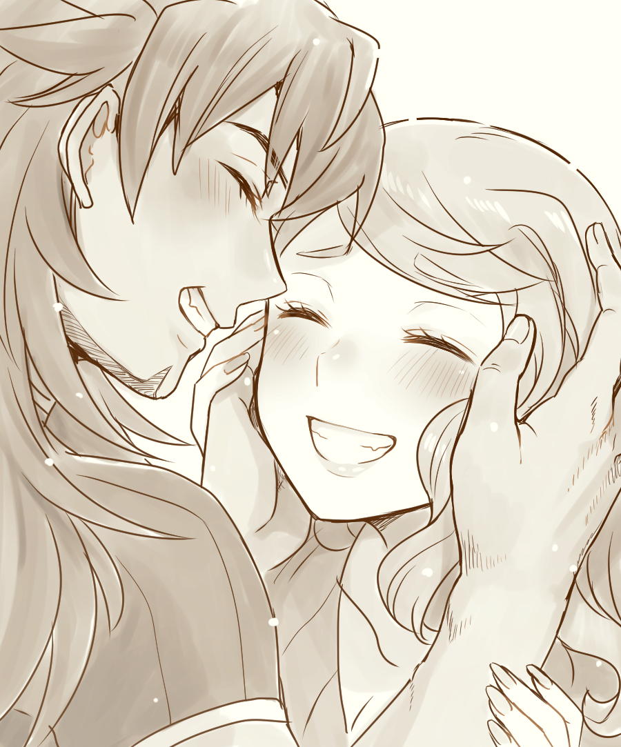 1boy 1girl blush closed_eyes collarbone couple dande_(pokemon) greyscale grin long_hair monochrome nokataro pokemon pokemon_(game) pokemon_swsh smile sonia_(pokemon) upper_body