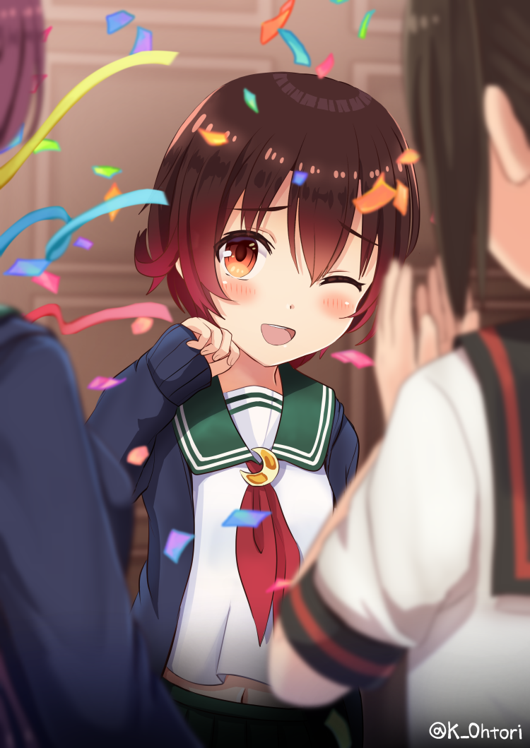 3girls blue_jacket blurry brown_hair commentary_request confetti cowboy_shot crescent crescent_moon_pin depth_of_field fubuki_(kantai_collection) gradient_hair green_sailor_collar green_skirt jacket kantai_collection kisaragi_(kantai_collection) multicolored_hair multiple_girls mutsuki_(kantai_collection) navel neckerchief one_eye_closed ootori_(kyoya-ohtori) red_neckwear redhead remodel_(kantai_collection) sailor_collar school_uniform serafuku short_hair skirt solo_focus twitter_username