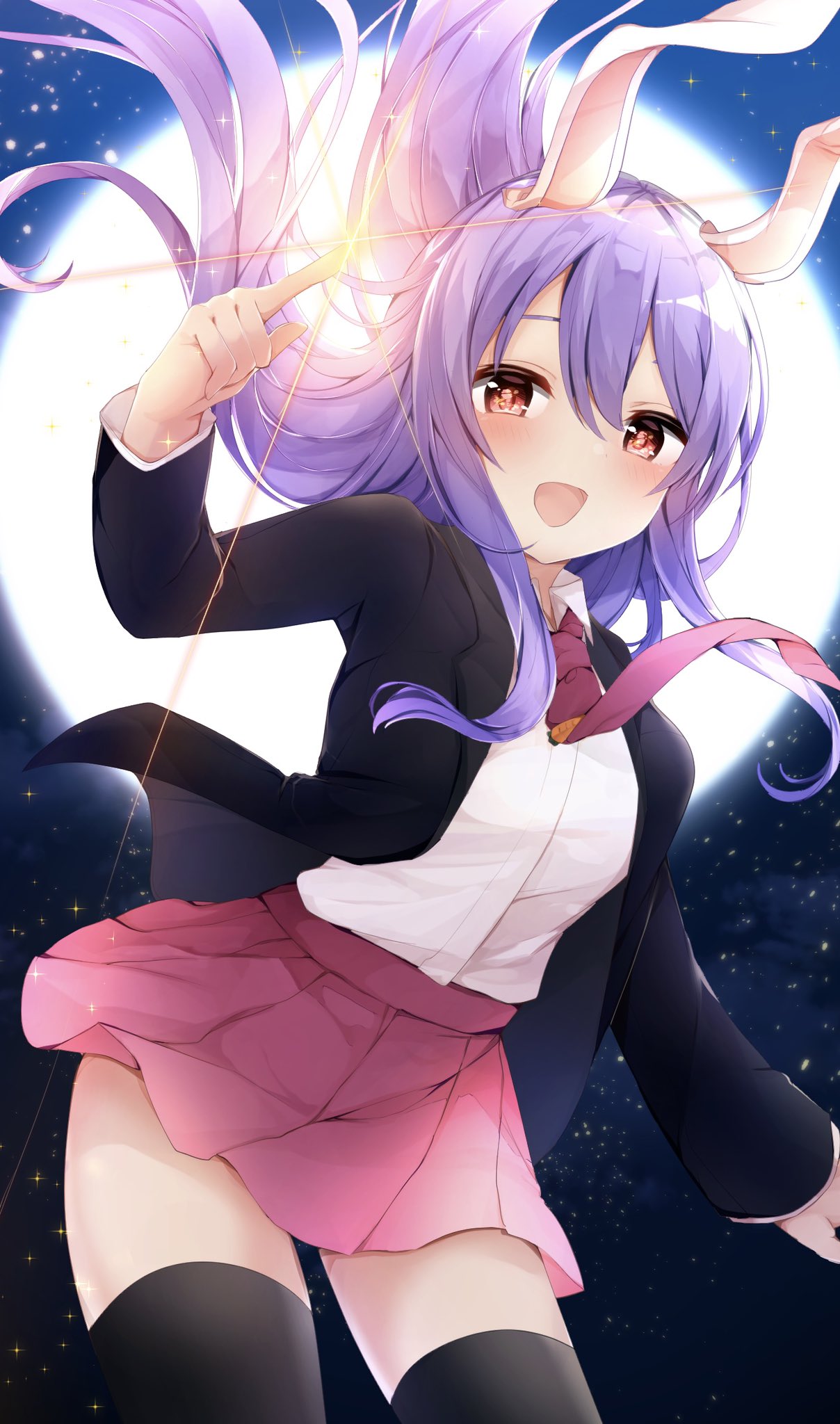 1girl :d animal_ears arm_at_side bangs black_background black_jacket black_legwear blazer blush breasts carrot carrot_necklace commentary_request cowboy_shot crescent crescent_moon_pin floating_hair full_body full_moon hair_between_eyes hand_up highres jacket karasusou_nano lavender_hair long_hair long_sleeves looking_at_viewer medium_breasts miniskirt moon necktie night open_mouth outdoors pink_skirt pleated_skirt pointing purple_hair rabbit_ears red_eyes red_neckwear reisen_udongein_inaba shirt sidelocks skirt smile solo sparkle thigh-highs thighs touhou very_long_hair white_shirt wind wing_collar zettai_ryouiki