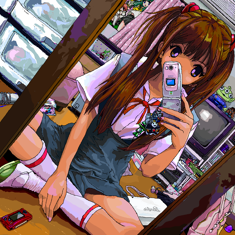 1girl ace_akira bag brown_hair cellphone charm_(object) commentary_request fingernails fish fish_tank flip_phone game_boy_micro hair_iron hand_on_leg handheld_game_console indian_style indoors kneehighs long_hair looking_at_viewer makeup messy_room mole mole_under_eye neck_ribbon original phone pink_bag pink_curtains pink_nails polka_dot polka_dot_curtains poster_(object) red_ribbon ribbon school_bag school_uniform self_shot shiny shiny_hair shirt short_sleeves sitting skirt solo television violet_eyes white_bag white_legwear white_polka_dots white_shirt
