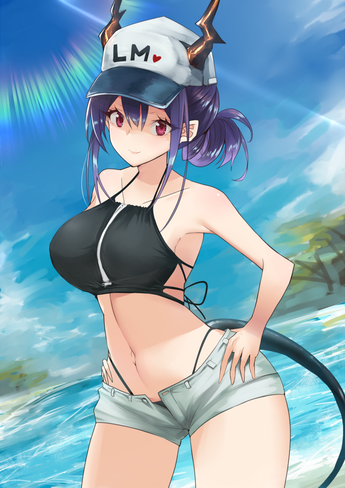 1girl arknights bangs bare_arms bare_shoulders baseball_cap bikini black_bikini blue_sky breasts ch'en_(arknights) clouds commentary_request cowboy_shot day dragon_horns dragon_tail grey_shorts hair_between_eyes hands_on_hips hat heart highleg highleg_bikini horns large_breasts long_hair looking_at_viewer navel open_fly purple_hair red_eyes short_shorts shorts sidelocks sky solo standing stomach swimsuit tail thighs water white_headwear yuzuruka_(bougainvillea)