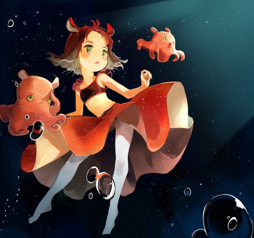 1girl air_bubble bare_arms bare_shoulders bubble crop_top flapjack_octopus flat_chest floating_hair green_eyes masuda_(yousaytwosin) medium_hair navel original pantyhose parted_lips personification red_skirt skirt solo underwater white_legwear