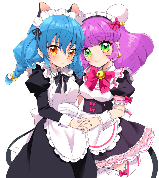 2girls alternate_costume animal_ears apron bangs bell black_dress black_neckwear black_ribbon black_shirt black_skirt blue_hair blush bow bowtie braid brown_eyes bun_cover bustier cat_ears closed_mouth cowboy_shot dress dual_persona earrings enmaided eru eyebrows_visible_through_hair frilled_apron frilled_skirt frilled_sleeves frills green_eyes hair_between_eyes hair_ribbon holding_hands interlocked_fingers jewelry layered_skirt long_hair long_sleeves looking_at_viewer maid maid_headdress mao_(precure) miniskirt multiple_girls pointy_ears precure purple_hair red_bow red_neckwear ribbon ribbon-trimmed_legwear ribbon-trimmed_skirt ribbon-trimmed_sleeves ribbon_trim shiny shiny_hair shirt short_sleeves simple_background skirt smile standing star_twinkle_precure thigh-highs twin_braids waist_apron white_apron white_background white_legwear yuni_(precure)