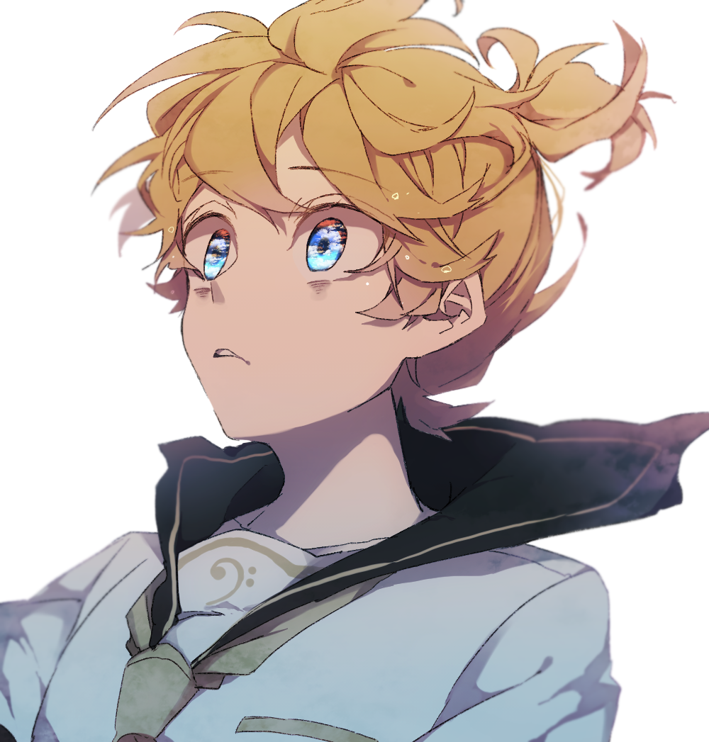 1boy bass_clef black_sailor_collar blonde_hair blue_sky close-up clothes_lift clouds cloudy_sky day eiku eyebrows_visible_through_hair face floating_hair hair_between_eyes high_ponytail kagamine_len leaning leaning_back looking_afar male_focus musical_note parted_lips ponytail reflection reflective_eyes sailor_collar shaded_face shirt short_ponytail simple_background sky tareme upper_body vocaloid white_background white_shirt wide-eyed yellow_neckwear