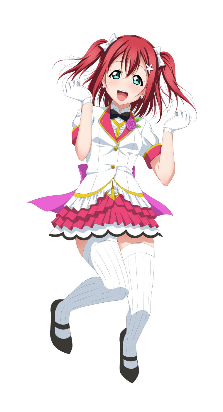 1girl :d aqua_eyes bangs black_footwear black_neckwear blazer bow collared_shirt dress_shirt earrings floating_hair full_body gloves hair_between_eyes hair_bow highres jacket jewelry jumping kurosawa_ruby layered_skirt long_hair looking_at_viewer love_live! love_live!_sunshine!! mary_janes miniskirt mirai_ticket official_style open_mouth pleated_skirt red_skirt redhead shirt shoes short_sleeves simple_background skirt smile solo thigh-highs twintails white_background white_bow white_gloves white_jacket white_legwear white_shirt wing_collar yu-ta