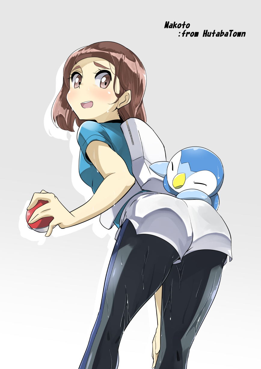 1girl :d bangs black_legwear blue_shirt breasts brown_eyes brown_hair from_behind from_below gen_3_pokemon gen_4_pokemon grey_background hair_between_eyes hair_down highres holding holding_poke_ball leaning_forward looking_at_viewer looking_back makoto_(pokemon) open_mouth pantyhose piplup poke_ball pokemon pokemon_(anime) pokemon_(creature) shiny shiny_hair shirt short_shorts short_sleeves shorts simple_background small_breasts smile solo standing starter_pokemon wet wet_hair wet_legwear white_shorts yuuichi_(reductionblack)