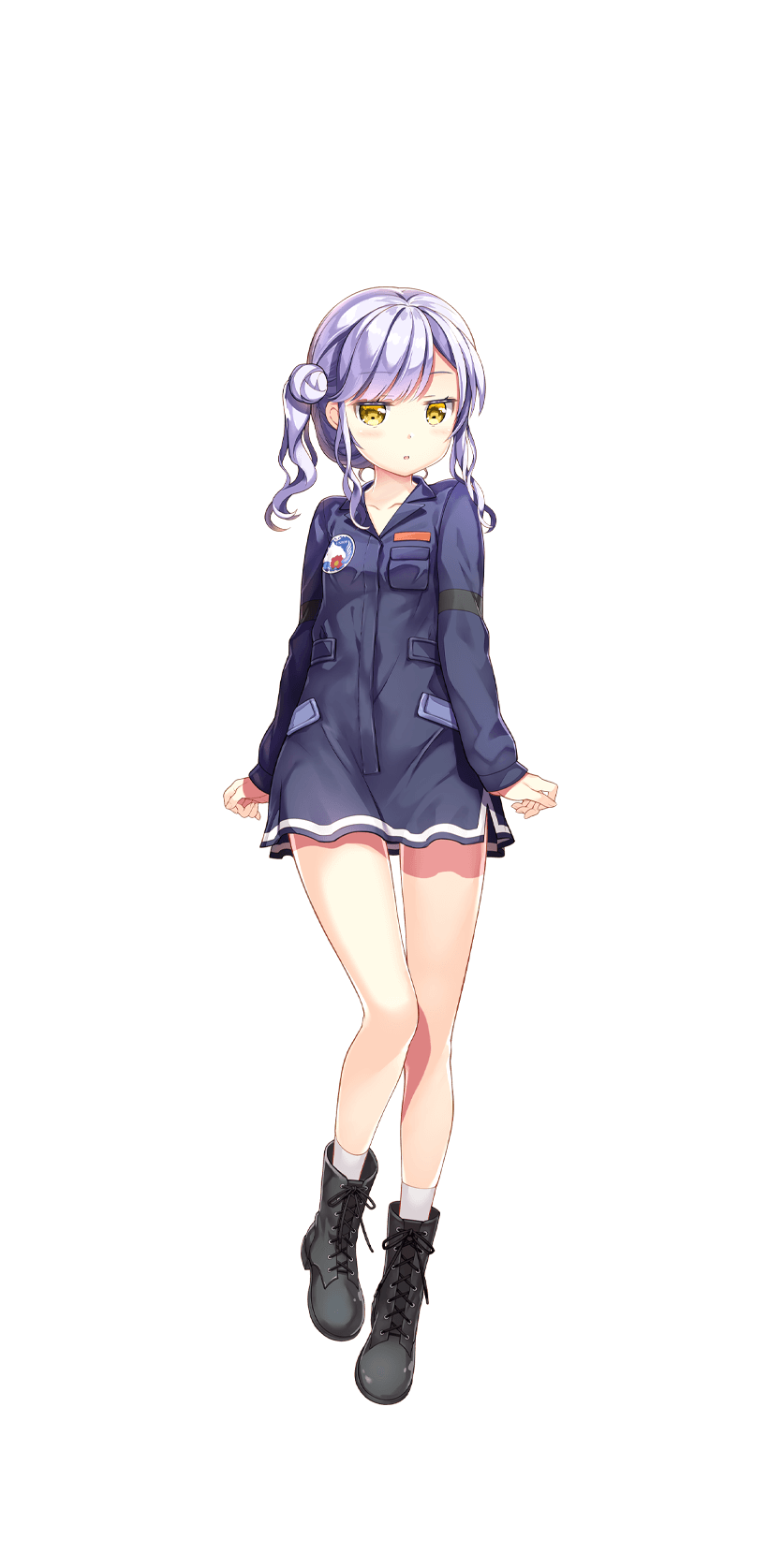 1girl black_footwear boots cross-laced_footwear fujima_takuya full_body hair_bun highres kazuura_nono lace-up_boots looking_at_viewer military military_uniform official_art silver_hair solo transparent_background uniform warlords_of_sigrdrifa wavy_hair yellow_eyes