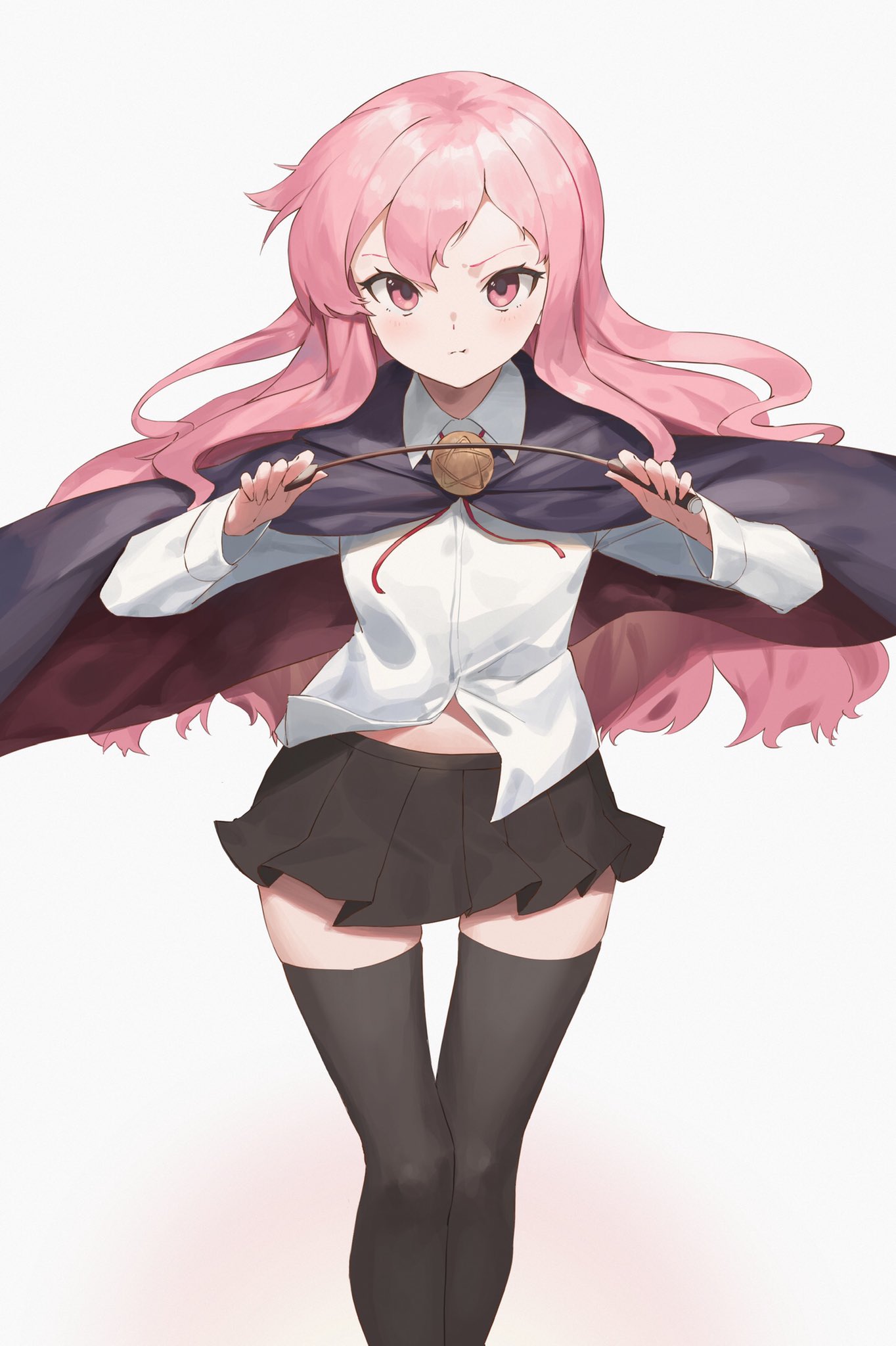 1girl :t black_legwear black_suit blush cape hair_between_eyes highres jam_(nandade) long_hair looking_at_viewer louise_francoise_le_blanc_de_la_valliere pink_eyes pink_hair riding_crop solo tattered_cape thigh-highs thighs white_background zero_no_tsukaima