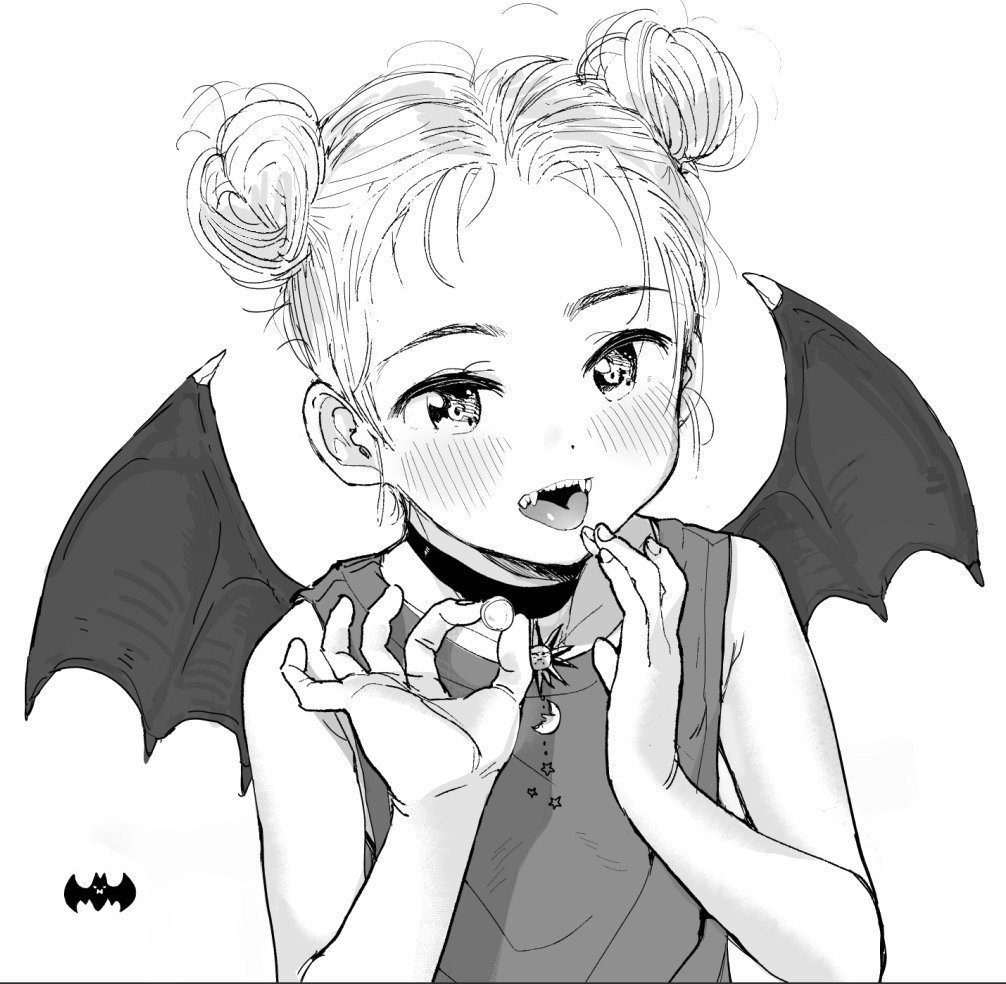 1girl :d bat_wings blush child choker dot_nose double_bun fangs fingernails greyscale hands_up looking_at_viewer masuda_(yousaytwosin) monochrome open_mouth original shirt simple_background smile solo upper_body vampire white_background wings