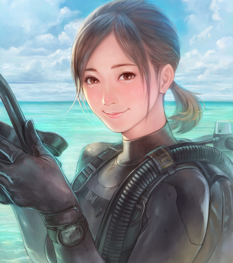 1girl bodysuit brown_eyes brown_hair day diving_mask looking_at_viewer mask mask_removed ocean original short_twintails sky smile solo suetomi_masanao swimsuit twintails watch water wetsuit