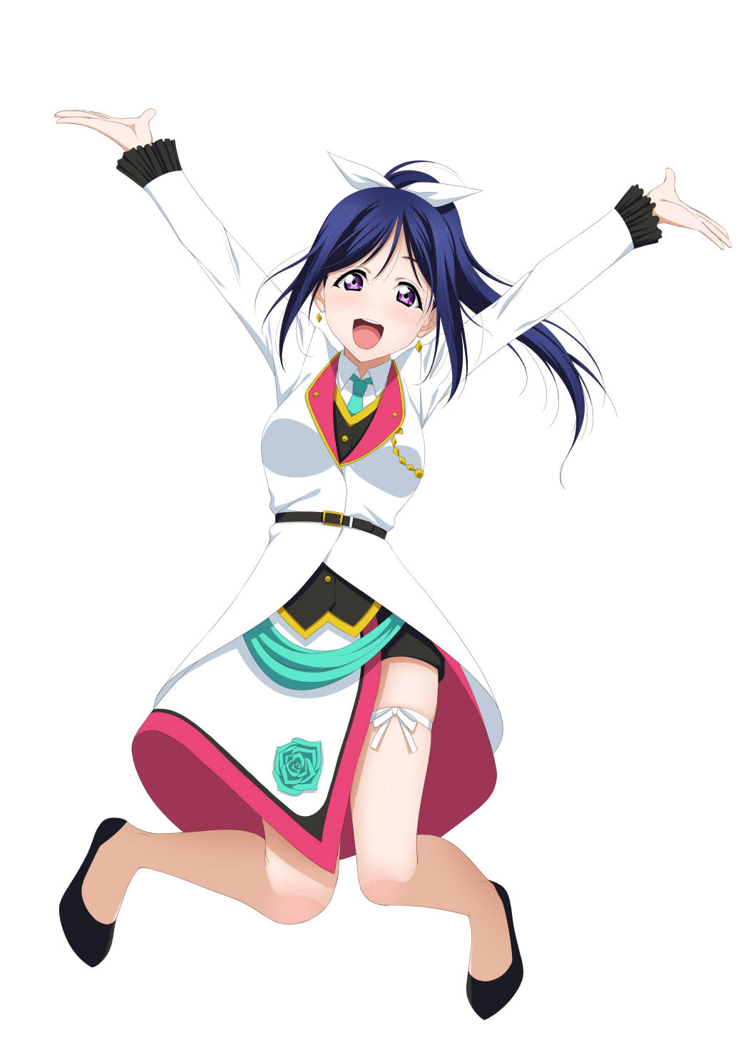 1girl :d aqua_neckwear arms_up bangs black_footwear black_shorts blue_hair bow collared_shirt earrings floating_hair full_body hair_bow high_ponytail highres jewelry jumping leg_ribbon long_hair looking_at_viewer love_live! love_live!_sunshine!! matsuura_kanan mirai_ticket necktie official_style open_mouth outstretched_arms ribbon shirt short_shorts shorts shorts_under_skirt simple_background smile solo violet_eyes white_background white_bow white_ribbon white_shirt wing_collar yu-ta