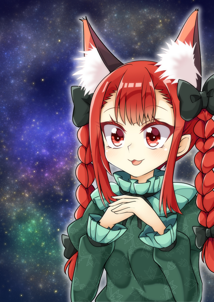 1girl aki_chimaki animal_ears bangs black_bow black_neckwear bow braid cat_ears clenched_hands extra_ears eyebrows_visible_through_hair frilled_shirt_collar frilled_sleeves frills green_frills green_shirt hair_bow juliet_sleeves kaenbyou_rin long_sleeves open_mouth puffy_sleeves red_eyes redhead shirt short_hair smile solo space space_cat_(meme) starry_background touhou twin_braids upper_body