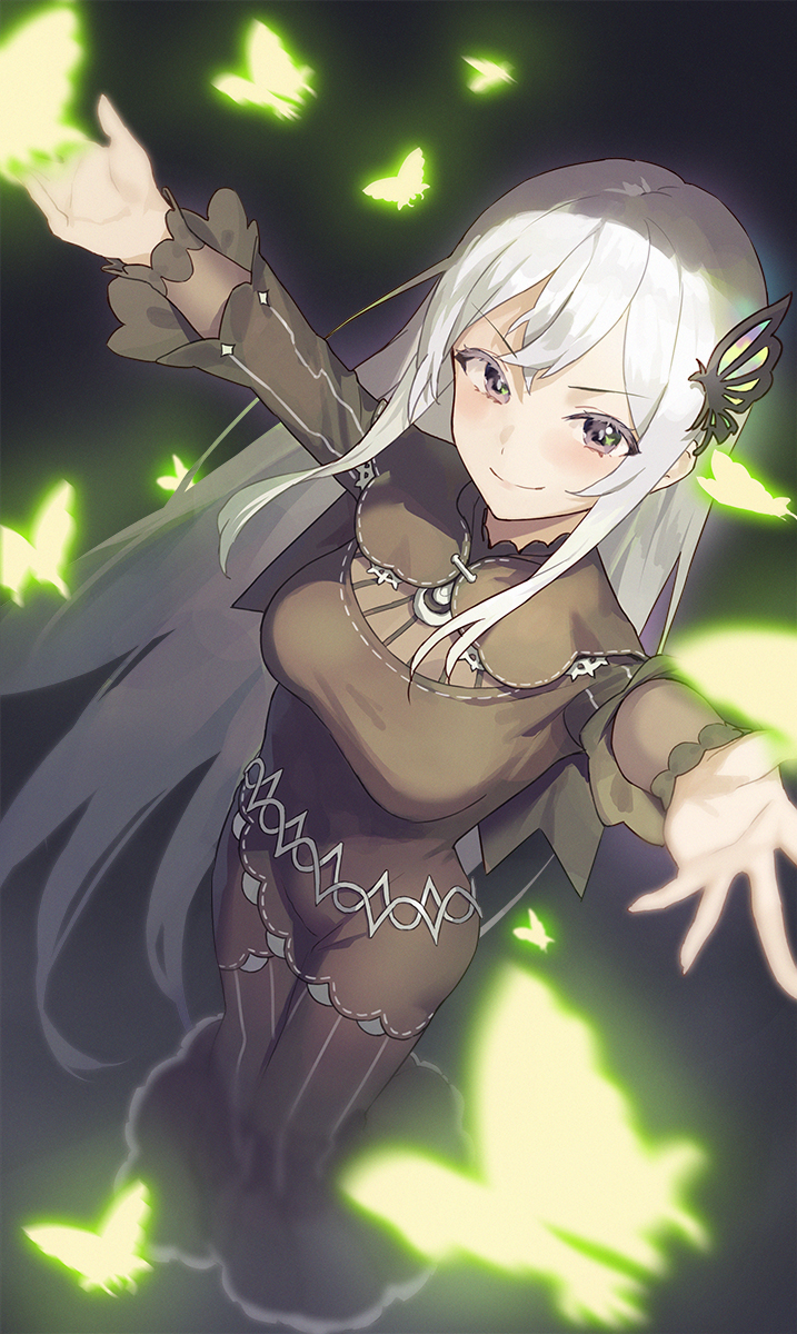 &gt;:) 1girl arms_up black_dress blurry blush breasts brown_eyes bug butterfly butterfly_hair_ornament closed_mouth dark_background depth_of_field dress echidna_(re:zero) foreshortening from_above full_body glowing_butterfly hair_ornament highres insect long_hair long_sleeves looking_at_viewer looking_up medium_breasts re:zero_kara_hajimeru_isekai_seikatsu seon_(seonon_) silver_hair smile solo very_long_hair