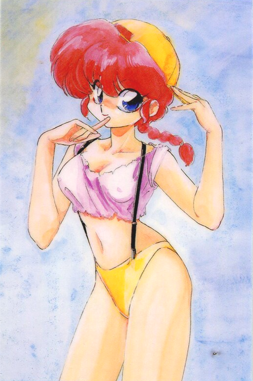 1980s_(style) 1girl adjusting_clothes adjusting_hat baseball_cap bikini bikini_bottom blue_background blue_eyes chinese_clothes covered_nipples cowboy_shot genderswap genderswap_(mtf) hat long_hair looking_at_viewer nakajima_atsuko navel official_art oldschool ranma-chan ranma_1/2 redhead smile solo suspenders swimsuit tangzhuang tank_top traditional_media watercolor_(medium)