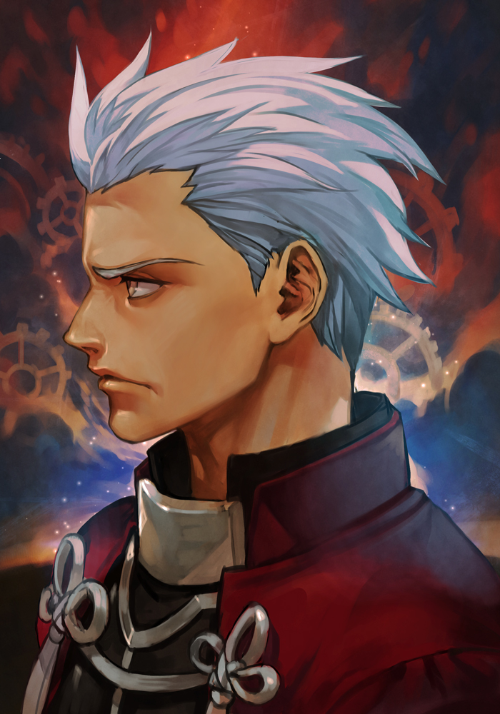 1boy archer closed_mouth dark_skin dark_skinned_male fate/stay_night fate_(series) gears hair_slicked_back hankuri jacket male_focus portrait profile red_jacket solo unlimited_blade_works white_hair yellow_eyes